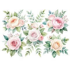 Fototapeta premium Watercolor Romantic Rose Bouquets with Foliage 