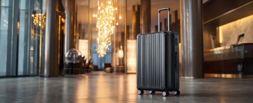 The elegant suitcase standing in a luxurious hotel lobby awaiting adventure.