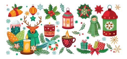 Adorable christmas and winter holiday decorations displaying candles gift boxes lanterns and festive decorative elements in vector style