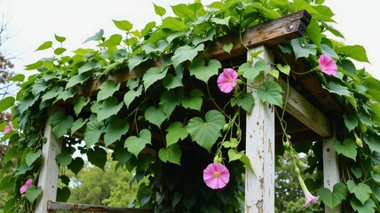 A green vine with pink flowers cascades gracefully from a wooden pergola, creating a natural canopy of greenery and adding a touch of elegance to the structure