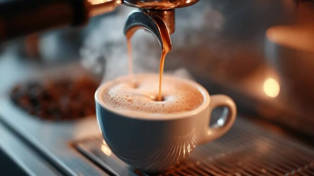 close up coffee pouring from machine with steam and creme 