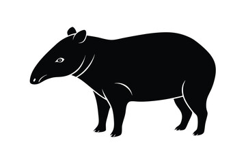 Fototapeta premium Black and white silhouette illustration of a standing tapir animal isolated on white background