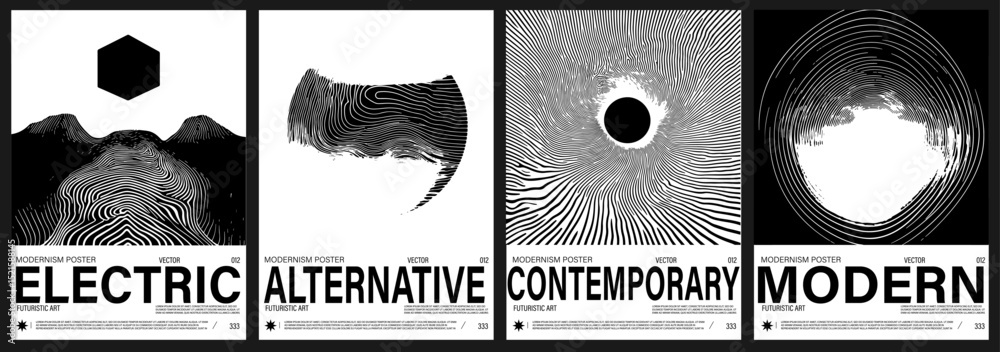 Poster set of modern vector posters in op art style, featuring swirling lines and bold abstract shapes. the