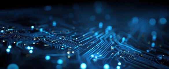The circuit board illuminated with glowing blue connections and intricate details.