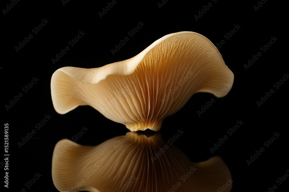 Poster single brown mushroom with intricate patterns on its cap and stem, reflecting in black background.