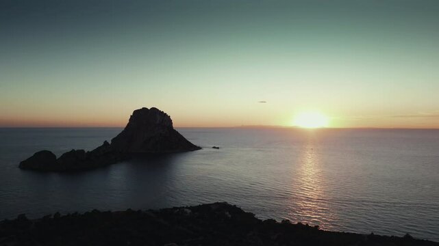 Drone shot of Es Vedra in Ibiza at sunset.