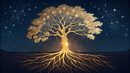 Glowing tree of life with golden roots extending into stars, symbolizing spiritual ancestry and chosen destiny, spirituality concept