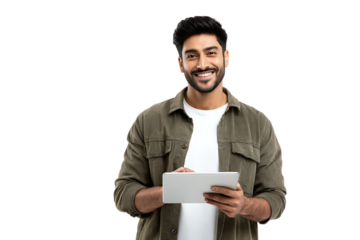 Smiling man using a tablet.