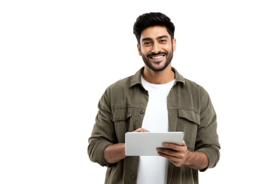 Smiling man using a tablet.
