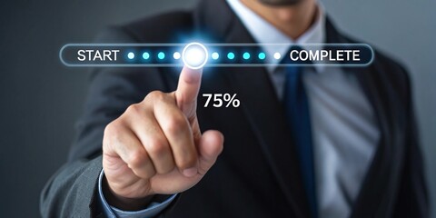 Hand Moving Digital Progress Bar to 75% Completion Display