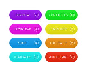 Modern CTA button set, texts and icons, 3D effect, web UI element for landing pages, mobile apps or banners.