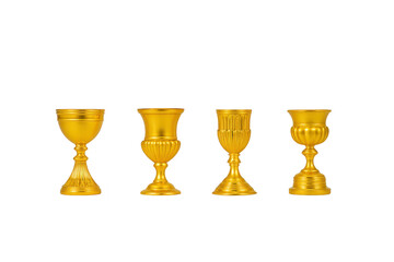 Four elegant golden goblets with intricate designs are displayed against plain background, showcasing their ornate craftsmanship and luxurious appeal