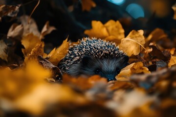 Fototapeta premium A hedgehog nestled in autumn leaves, with its spines covered by fallen yellow and orange foliage.