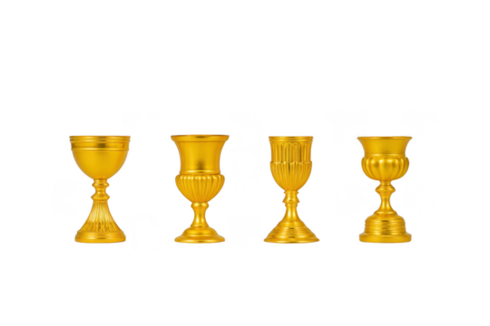 Four elegant golden goblets with intricate designs are displayed against plain background, showcasing their ornate craftsmanship and luxurious appeal