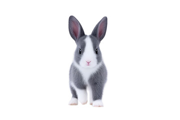 Fototapeta premium Cute gray and white rabbit with large ears stands facing forward on transparency background, showcasing its soft fur and curious expression