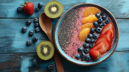 Fruit Smoothie Bowl with Blueberries, Orange Slices and Kiwis