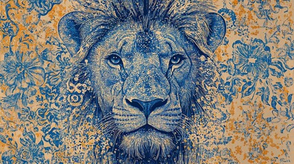 Intricate Lion Head Artwork With Blue Outlines and Floral Patterns