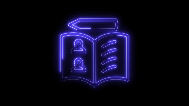 Glowing neon animation of open book with contact details and pencil concept