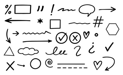 Hand drawn line chalk brush stroke arrow icon set. Chalk crayon underline, check mark, scribble and texture in rough hand sketch style. Drawn heart, frame, star design shapes, PNG