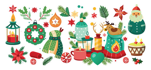Festive christmas elements collection with ornaments candles holly wreath santa claus and festive seasonal decorations