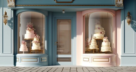 Storefront mockup with luxury wedding cake display windows,  blue and pink ornate architectural details, golden lighting fixtures and cobblestone street setting.