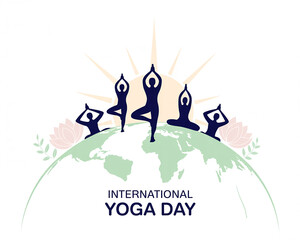 International yoga day illustration featuring silhouettes of people performing yoga poses on a world globe with a rising sun symbol and lotus flowers