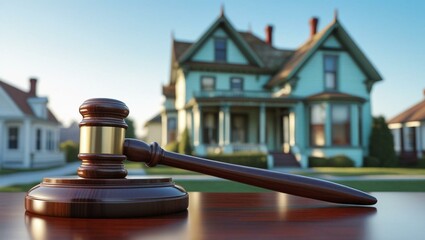 Wooden gavel rests on a table with a blurred house in the background. Real estate auction foreclosure concept. Investment finance real estate market broker house loan sale property buying.