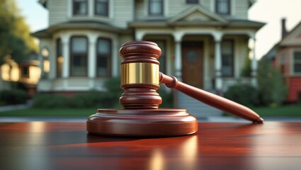 Wooden gavel rests on a table with a blurred house in the background. Real estate auction foreclosure concept. Investment finance real estate market broker house loan sale property buying.