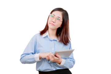 Asian young beautiful woman wearing glasses holds a tablet and looks thoughtfully to the side.
