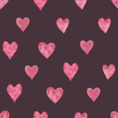 Seamless background on burgundy with pink watercolor hearts simple small careless