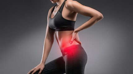 Woman experiencing lower back pain with discomfort radiating to legs, suggesting possible sciatica condition
