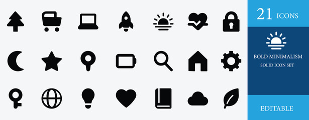 Modern solid icon set featuring black, minimal, and vector designs perfect for web, app, technology, and user interface. Editable, flat, creative, and trendy symbols