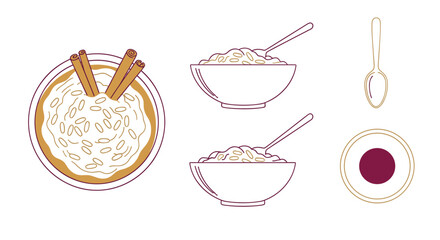 Delicious spanish arroz con leche recipe illustration with cinnamon sticks and bowls of rice pudding