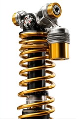 High-performance motorcycle shock absorber.  Components of a motorcycle suspension, featuring a gold coil spring, metal parts, and a reservoir