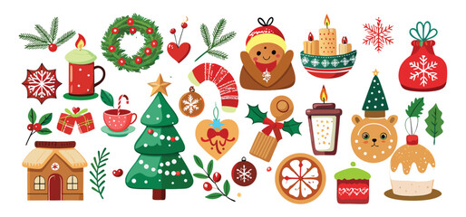 Whimsical christmas decorations collection featuring festive elements like gingerbread men and christmas trees isolated on white background