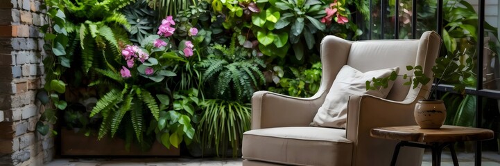 Biophilic interior with linen armchair and lush vertical garden wall – Perfect for nature-inspired living spaces, relaxation themes, or home decor branding