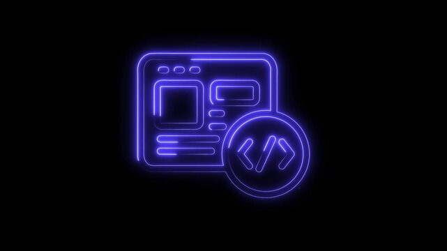 Neon web development icon animation with code symbols and website interface design elements
