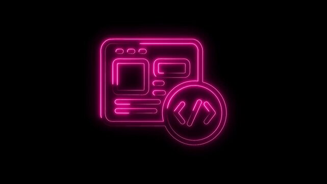 Animated website coding icon with neon effect glow for technology and programming