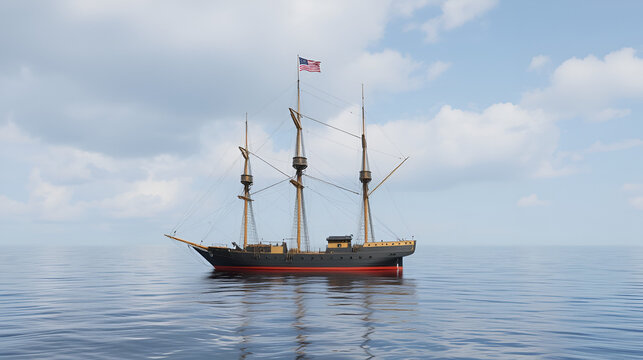 CSS Cumberland civil war ship on calm sea. 3D render