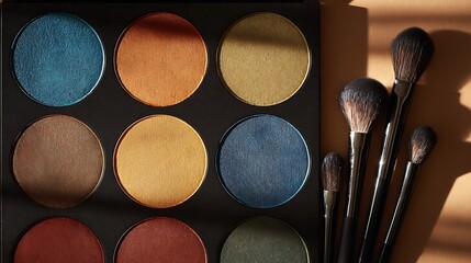A colorful eyeshadow palette features a circular arrangement of shimmer and matte tones. Brushes hover nearby, catching reflections and suggesting motion in a beauty-focused composition 