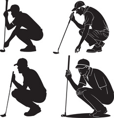 A vector bundle of four unique golfer silhouettes in crouching stances, each focusing on putting. Great for golf design sets, educational packs, or logo collections.