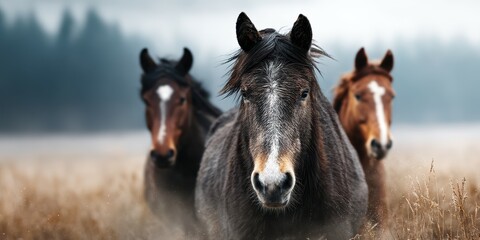 Fototapeta premium Horses roaming freely in a misty meadow during early morning light