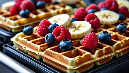 Close-up of homemade waffles with fresh berries and banana slices on waffle maker. Waffles are baked golden-brown, look delicious. Breakfast concept with fruit toppings