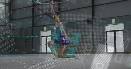 Teen gymnast entering gymnasium, stepping onto performance mat and grabbing hoop for sports routine - Powered by Adobe