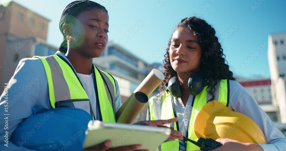 Aufkleber conversation, engineering and women with tablet, construction site and teamwork with support. bluepr