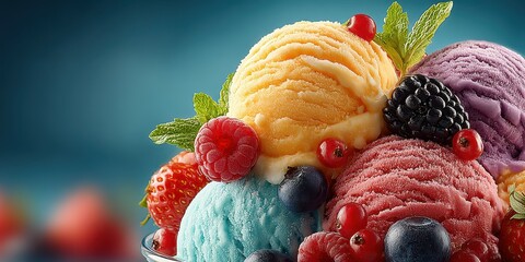 Colorful ice cream sundae with fresh fruits served in a clear bowl at a summer gathering
