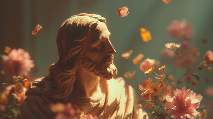 peaceful statue of jesus christ with flowers and soft light — ideal for religious publications, easter-themed content, inspirational posters, or spiritual blogs and social media graphics