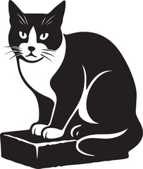 Cat sitting on block vector illustration, Black white cat in resting position