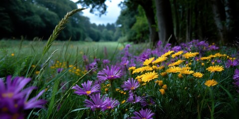 Colorful wildflowers bloom in a lush meadow surrounded by trees during a calm overcast day