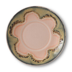 Antique golden blank round porcelain plate with a vintage gold frame isolated on white